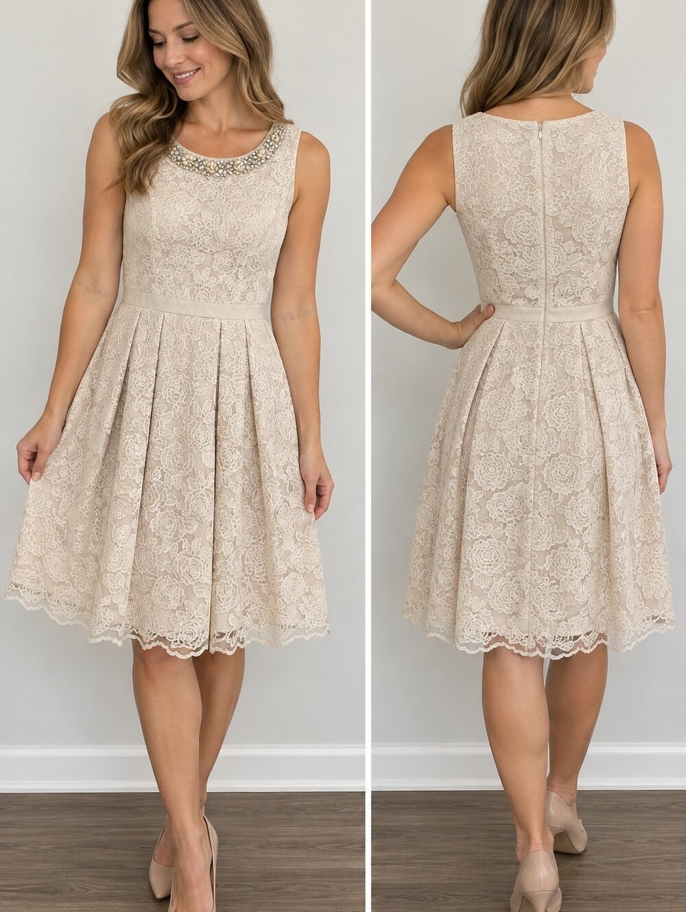 Eliza J Lace Fit Flare Dress 8 Champagne Beaded Rhinestone Wedding Cocktail